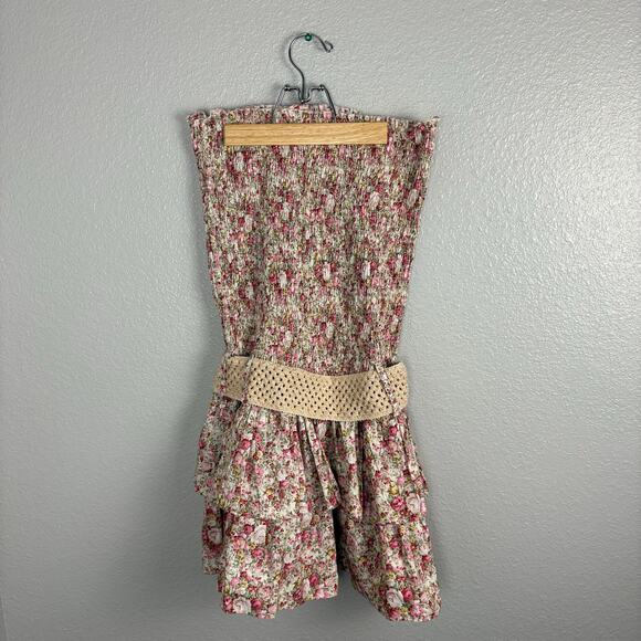 Deb Size Large Strapless Mini Dress Tiered Skirt Boho Belt Microfloral Print - Picture 4 of 5